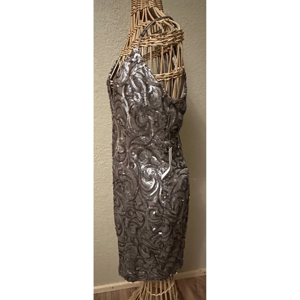 Venus Sequin Swirl Cocktail Dress Taupe Silver V-Neck Bodycon Women 14 Party - Picture 7 of 16